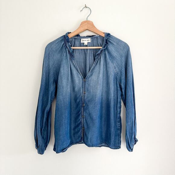 Cloth & Stone Ruffled V-Neck Chambray Long Sleeve Top Blue XS - Picture 1 of 6